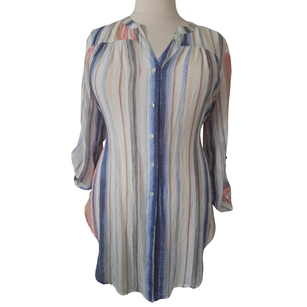 Indigo Rose 2X Striped Button Front Roll Tab Sleeve Tunic Blouse Blue Coral